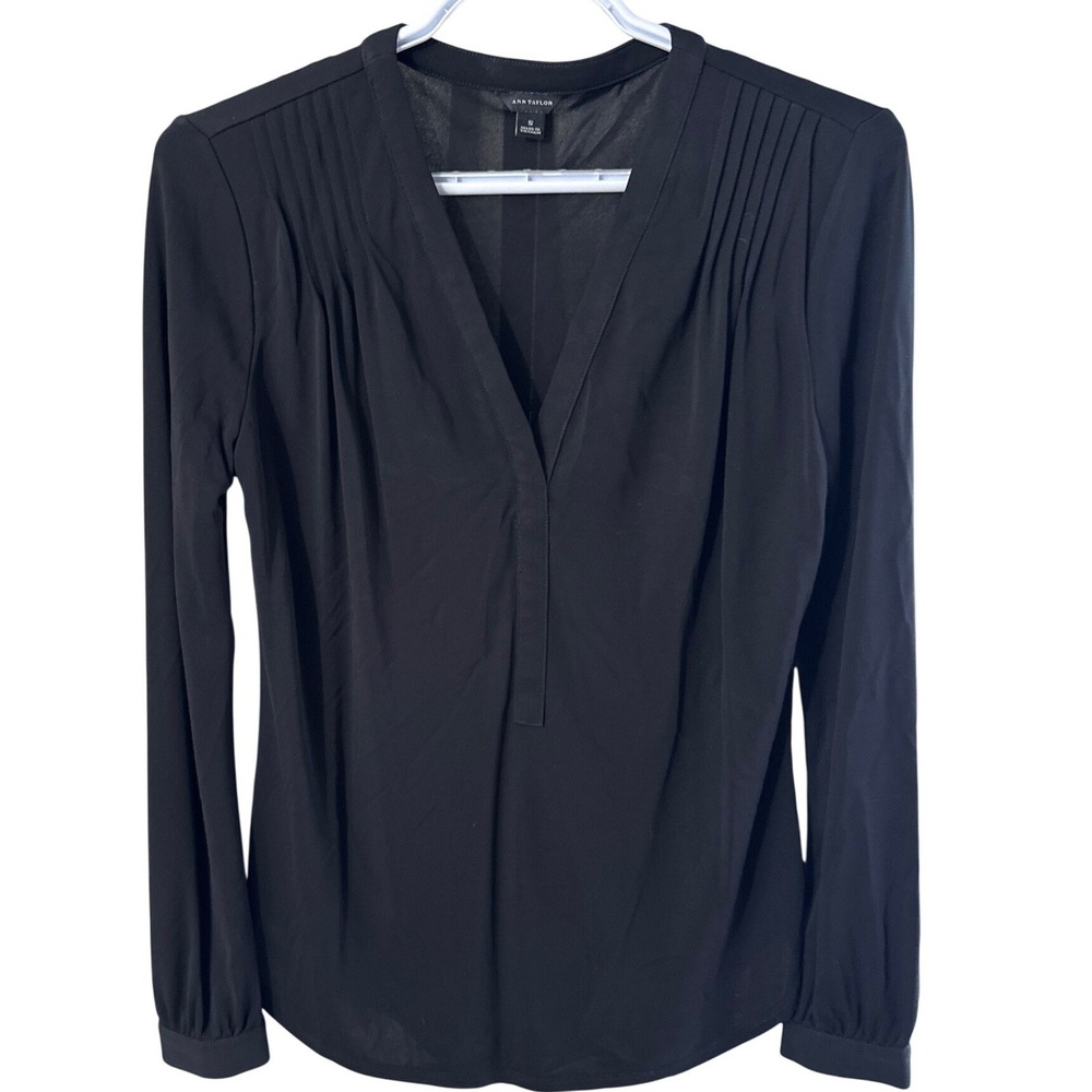 Ann Taylor Womens Black Long Sleeve Pleated V-Neck Blouse Size S